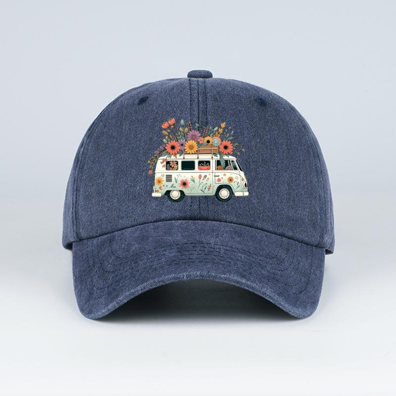

Vintage Floral Van Print Washed Baseball Cap Adjustable Unisex Cotton Travel Sun Hat темно-синий