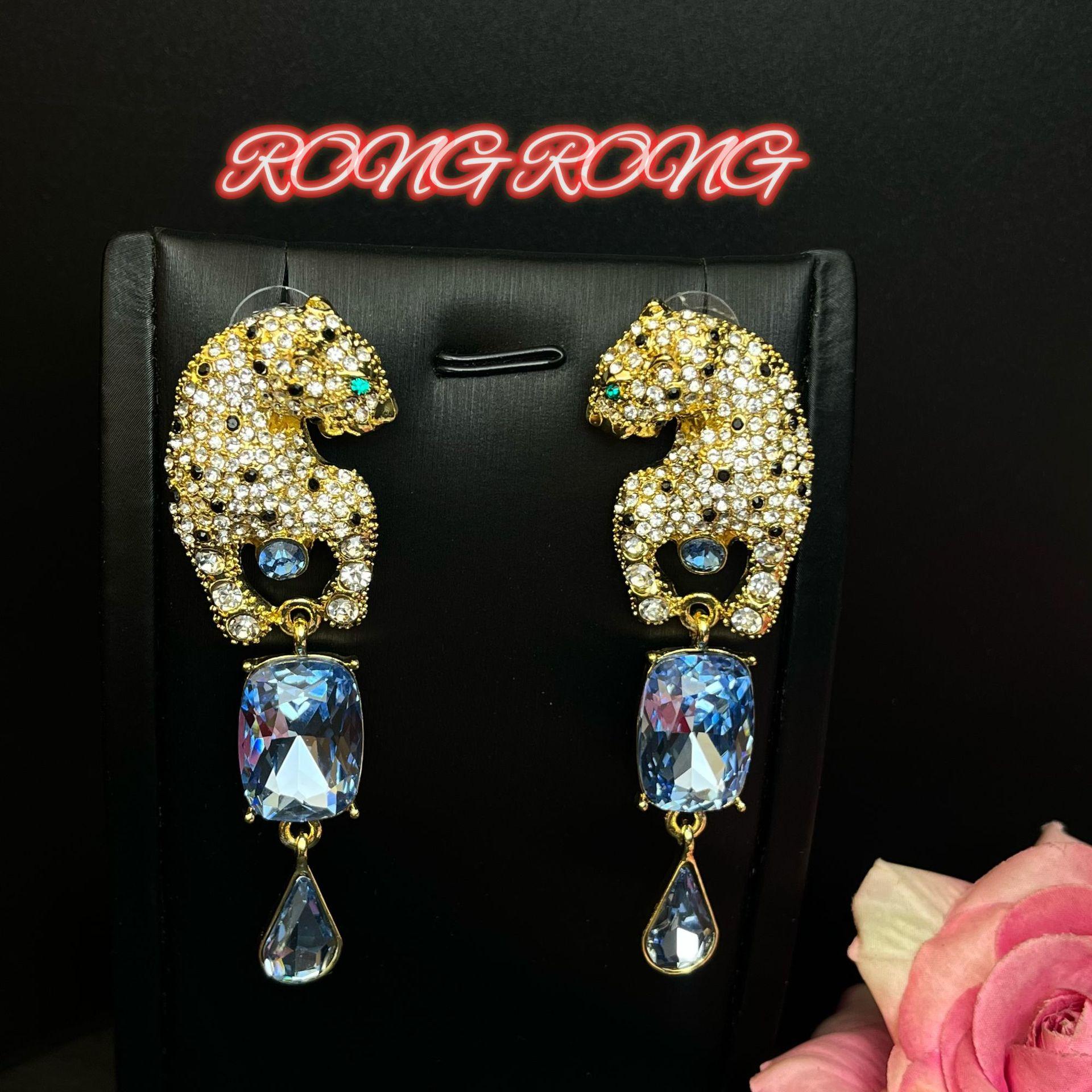 Style Luxury Full Leopard Gemstone Water Droplet Pendant Earrings Exaggerated Personality Vintage Antique Jewelry