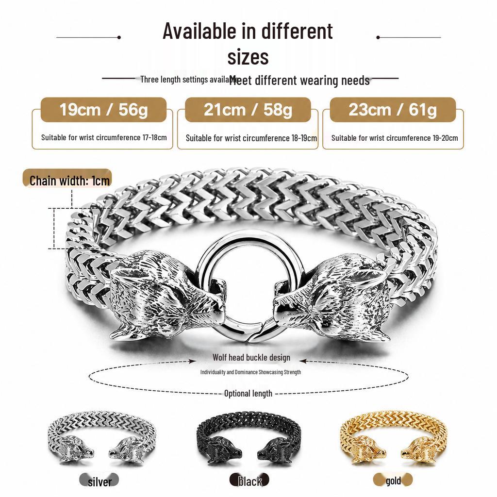 Bracciale Vikingo con Testa di Lupo in Acciaio Inossidabile con Catena a Maglia Franco Retro