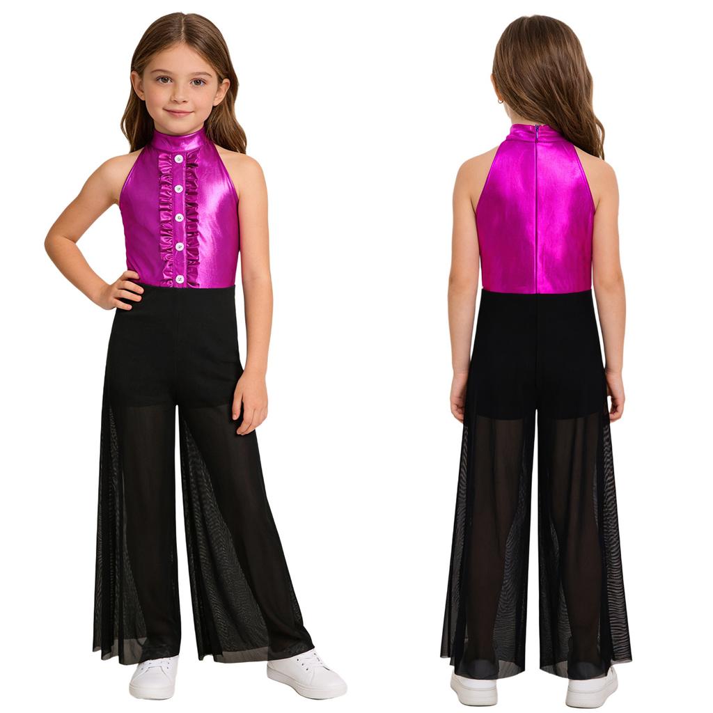 Sprankelende Metallic & Mesh Dans Jumpsuit voor Meisjes: Hoge Hals Mouwloos met Gerimpeld Bovenlijf & Wijdvallende Broek voor het Podium