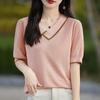 Women's Summer Tencel Lyocell Square Collar Contrast Honeycomb Knit Short-Sleeve Sweater Top