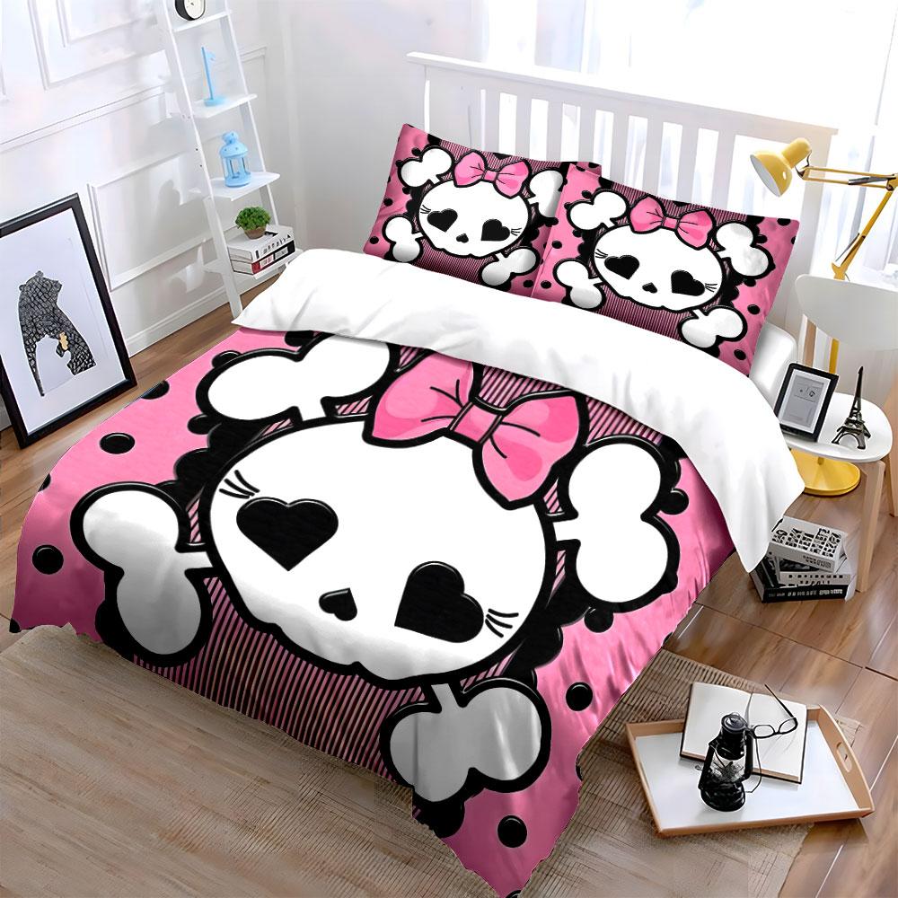 Pink Skull Pattern Gift Set Kid'S And Adults' Bedroom Decor, Exquisite Three-Piece Bedding Set Gift