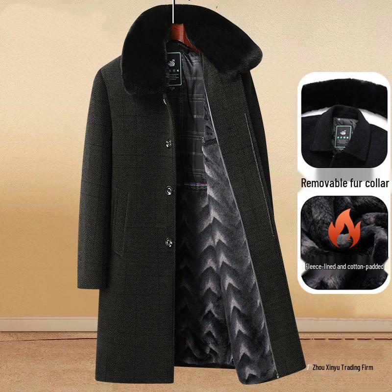 Men's Mid-length Woolen Coat - Thickened Chenille Jacket for Middle-aged & Elderly, Plus Velvet Winter Top