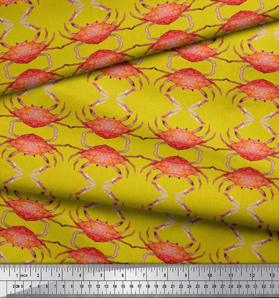 Soimoi Beige Japan Crepe Satin Fabric Crabs Ocean Print Fabric by the metre 42 Inch