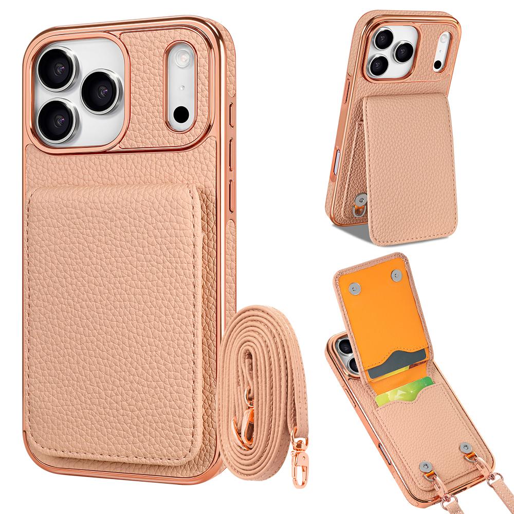 Crossbody Litchi Pattern Card Bag Hanging Rope Phone Case for iPhone 17 Pro Max 16 Plus 15 14 13 Long Lanyard Kickstand Cover