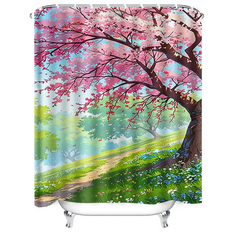 Cherry Blossom Tree Waterproof Shower Curtain Heat Resistant Machine Washable Non-Transparent 180x180cm