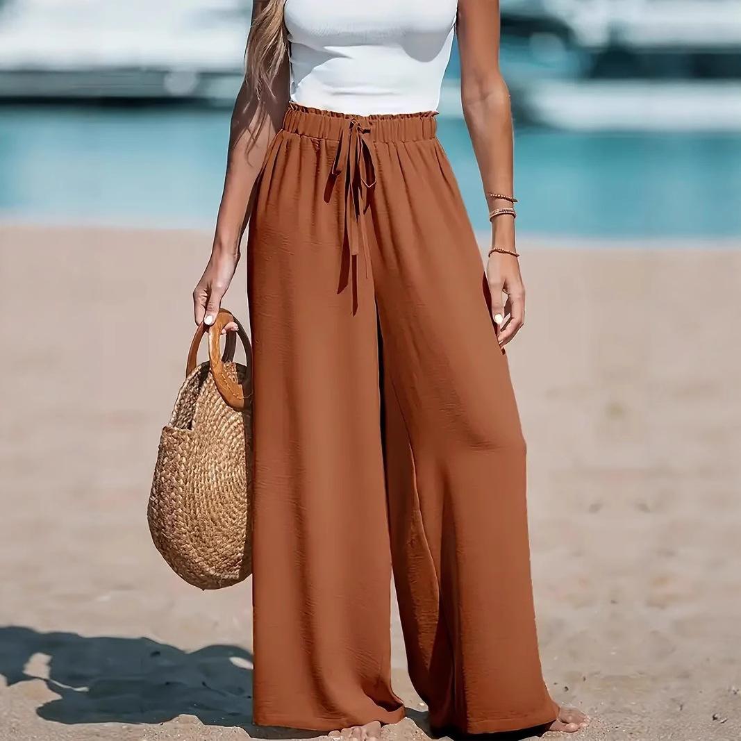 Women s Cross Border Women s Four Seasons Wide Leg Loose Drawstring Casual Fashion Pants S коричневый