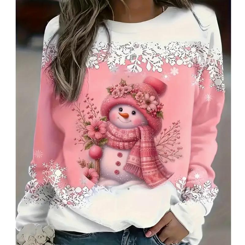 

2025 Осень и Зима Женский Новый Повседневный Топ с Круглым Вырезом и Длинным Рукавом с 3D-Принтом Снеговика S розовый