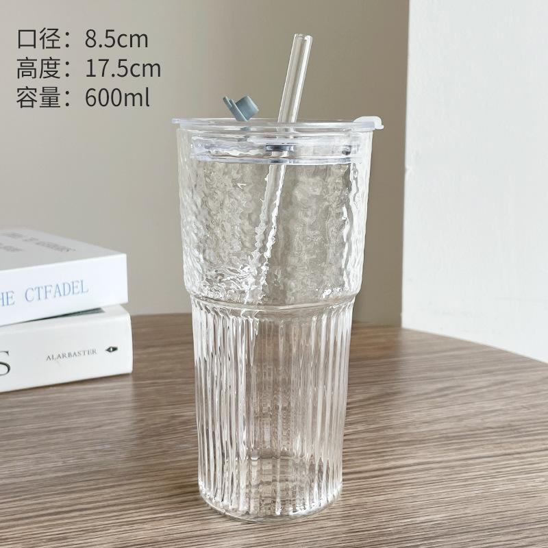 600ML Stripe Glass Cup With Lid and Straw Transparent Ice American Coffee Cup Summer Ice Drinking Cup Bubble Tea Cup Juice Glass