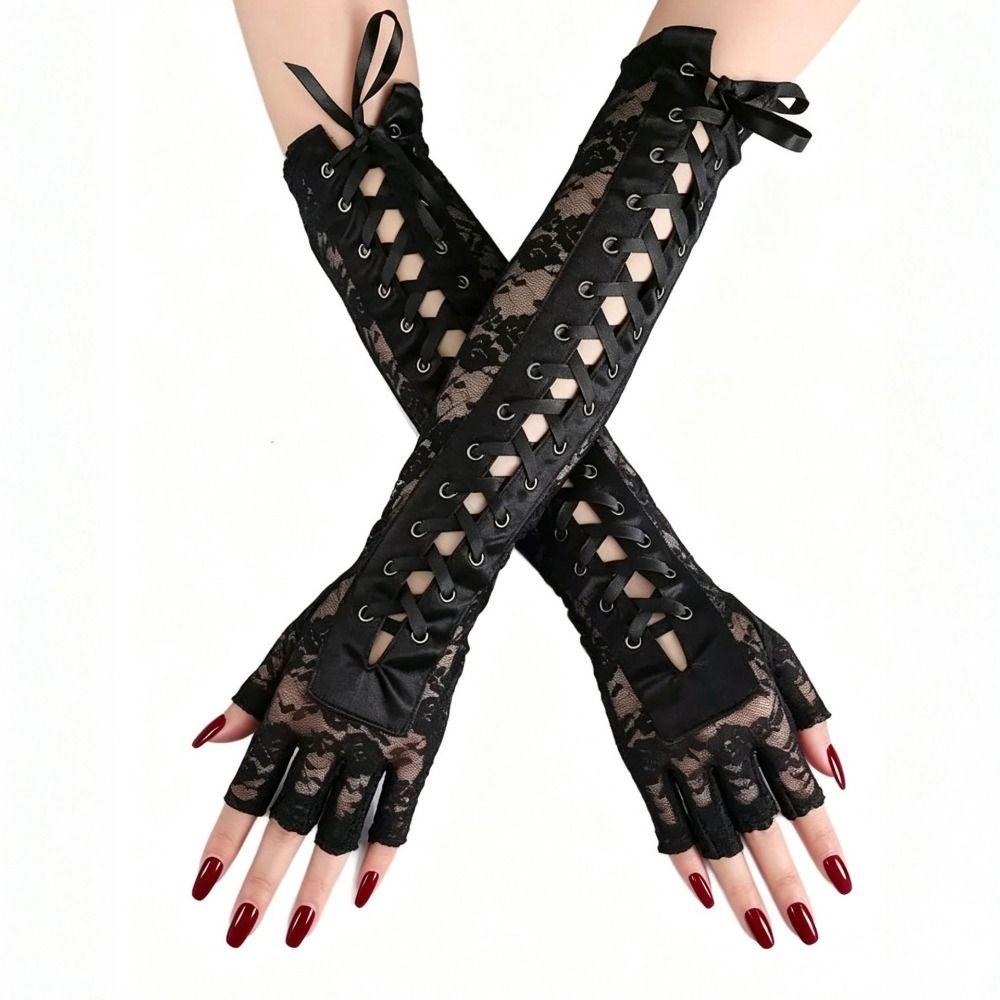 Lolita Spitzenband Handschuhe Lange Handschuhe Elastische Damen Handschuhe Süßes Band Halbfingerhandschuhe Party