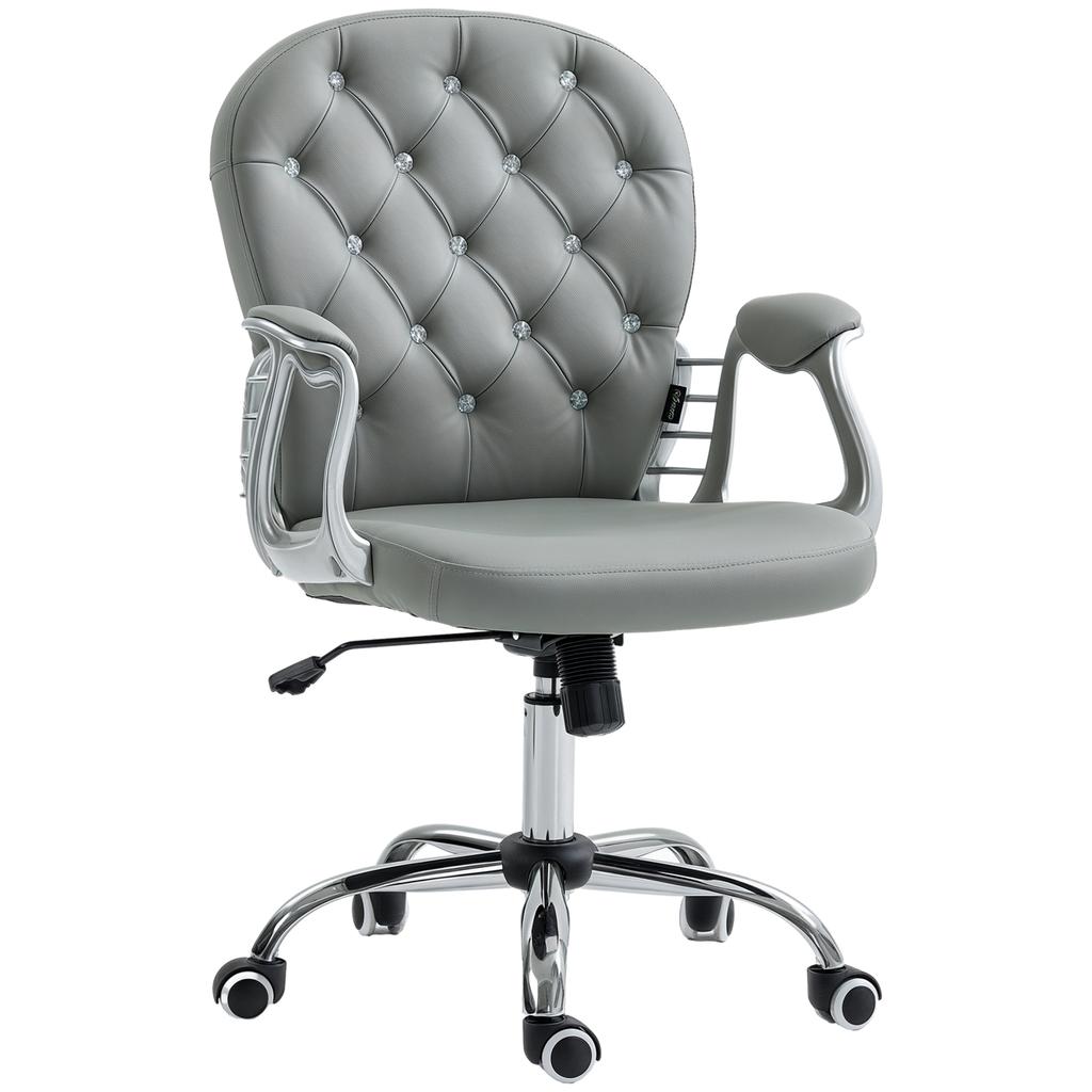 Office Chair Ergonomic 360 degrees Swivel PU Diamante Padded Base 5 Castor Wheels for Home Work Grey