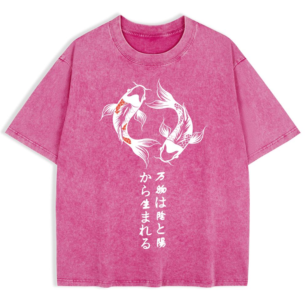 Japanische Koi Harajuku Drucke Gewaschene T-Shirts Herren Baumwolle Oversize T-Shirt Sommer Rundhals Kurzarm Oberteile Kleidung