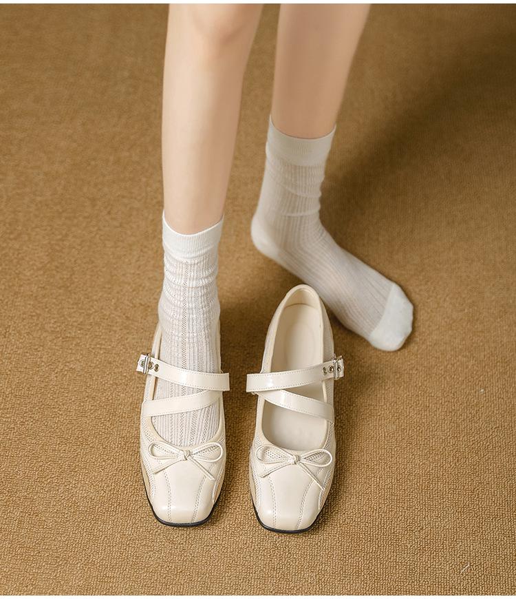 Silver Vintage Leather Hidden Heel Mary Jane Ballet Flats with Bow