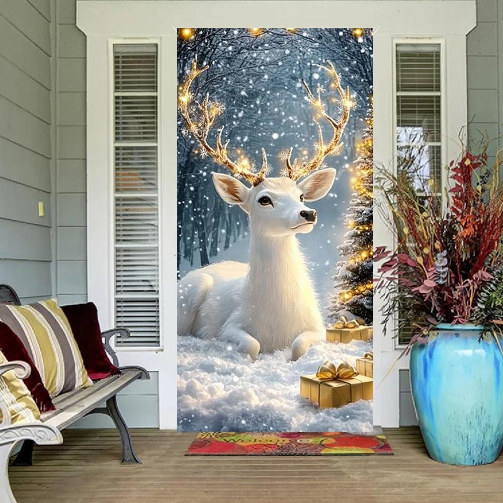White Elk Linings For Christmas Doors Winter Snowy Scene Door Cover 2024 Xmas Outdoor Decoration Front Door 2025 New Year Decors