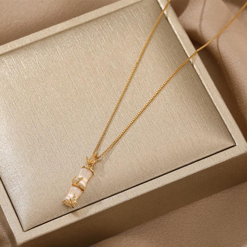Chinese Style Elegant White Chalcedony Bamboo Pendant Women's Fashion Necklace