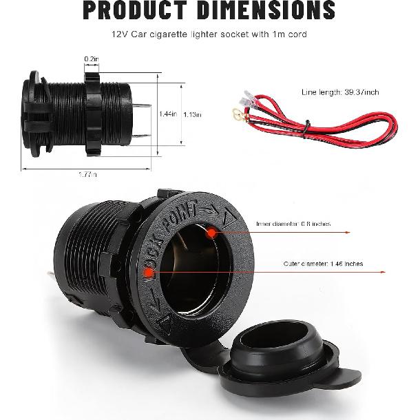 Sun Walker 12V Car Cigarette Lighter Socket, Waterproof Plug Power Outlet Replacement with Wire & Fuse, Female Cigarette Lighter Receptacle for Car