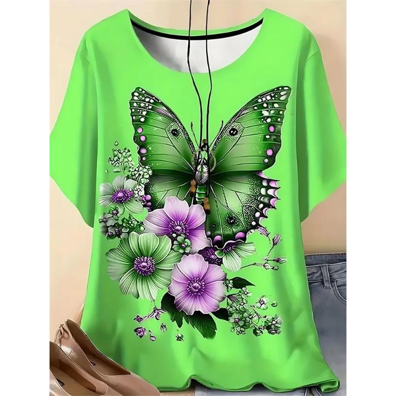 Fashion Women's Crew Neck T-Shirt 3D Flower Color Printing Flower Short Sleeve Comfortable Short Sleeve