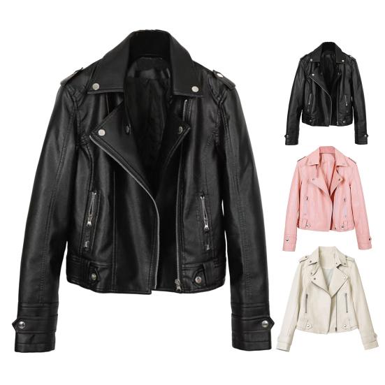 Women Jacket Faux Leather Smooth Surface Turn-down Collar Zip-up Zipper And Rivet Decor