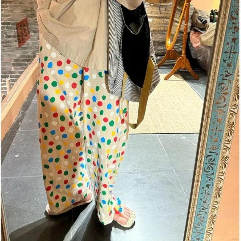 Women s Colorful Polka Dot Wide Leg Pants High Waist Loose Casual Trousers S бежевый