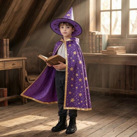 Star Pattern Wizard Cape Kids Cloak with Hat for Boys Girls, Halloween Witch Theme Role Play Costume Prop Party Cosplay Outfit, Fancy