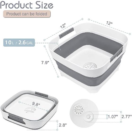 Upgraded 2.4 Gal (9L) Collapsible Dish Basin With Drain Plug, Space Saving Multiuse Foldable Sink Tub, Dishpan, Beverage Tubs For Camping, Vegetable