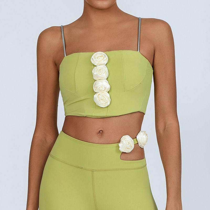

Foreign Trade Cross-Border Yoga Vest Women Containing Chest Pad Three-Dimensional Rose High Elastic Quick-Drying Sports Fitness Sling Bra Top Yellow-Green M