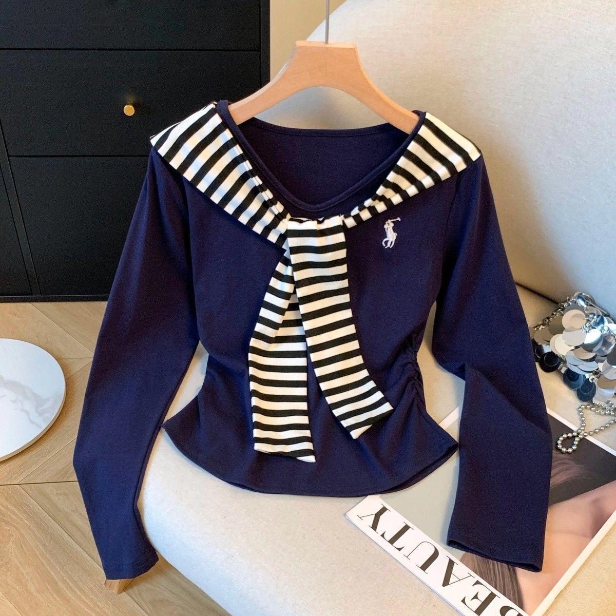 

Women s Striped V-Neck Long-Sleeve Shawl Collar Slim Fit Top Large темно-синього кольору