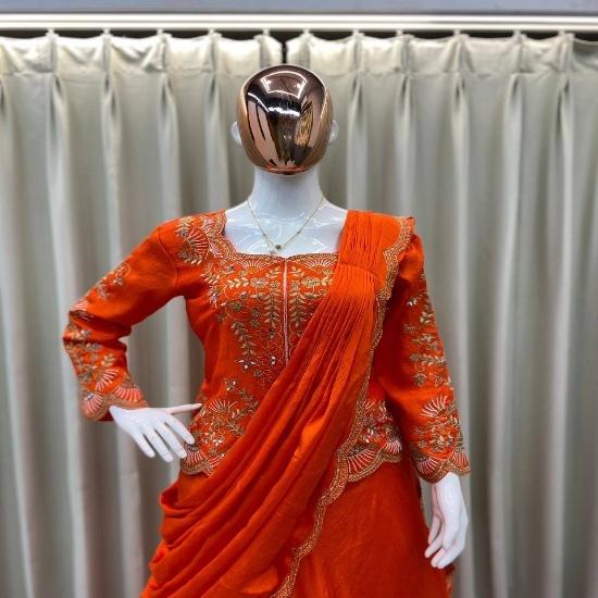 Radiant Orange Embroidered Indo-Western Lehenga Set
