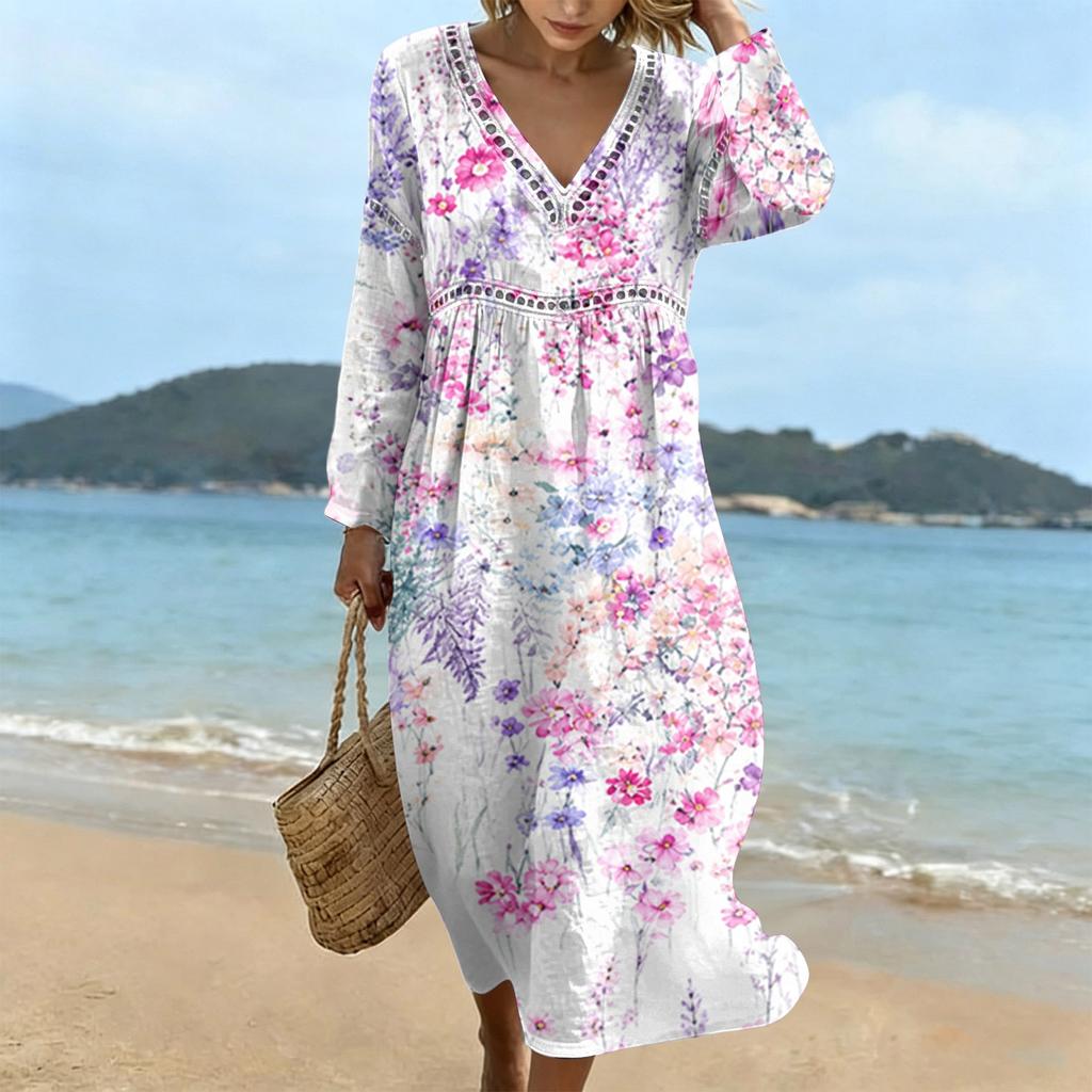 Fashionable Lady's V-neck Mid-length Casual Long-sleeved Dress