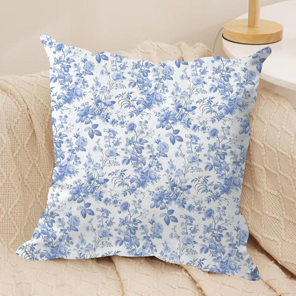Elegant Blue Floral Cushion Cover Soft Plush Fabric DoubleSided Printed Sofa Cushion Cover for All Seasons Home Decor Gift