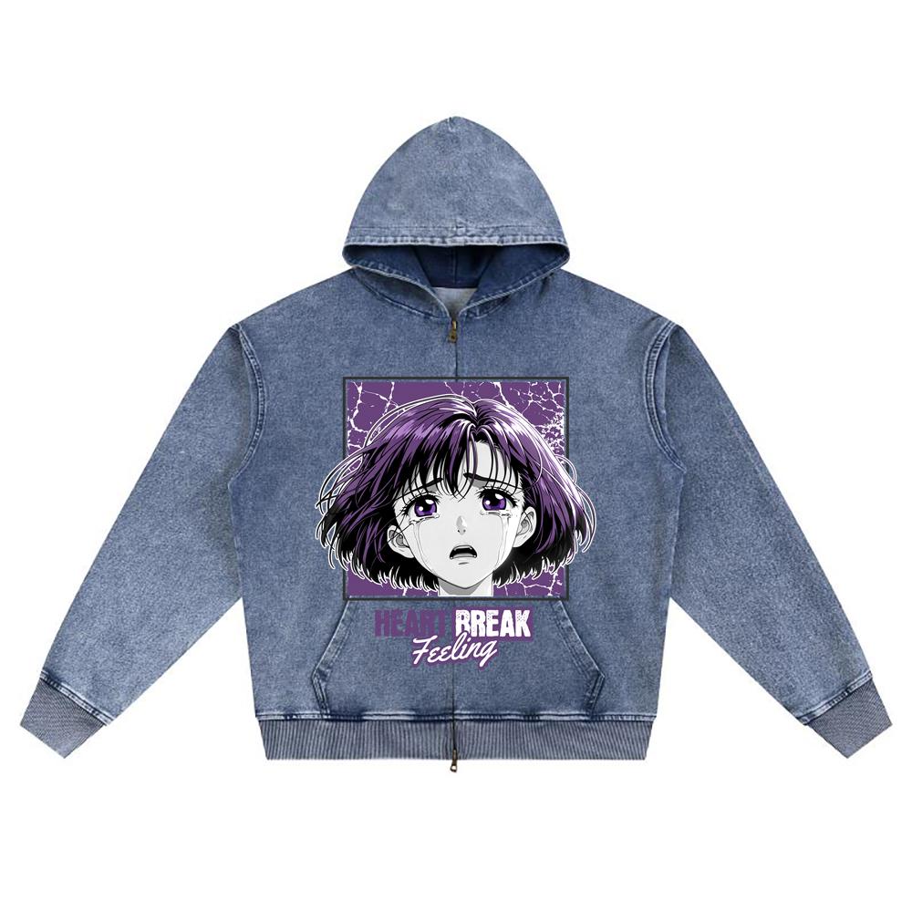 DTG-Druck Gestrickter Denim Zip-Up Hoodie Herzschmerzgefühl Bruder-Druck Reißverschluss-Hoodies