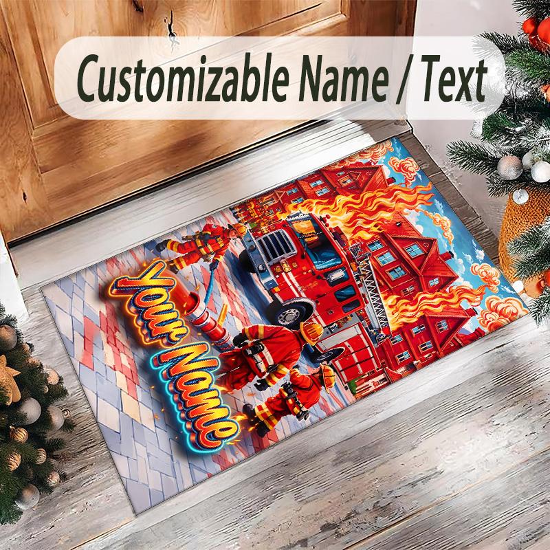 Fire Truck Theme Crystal Velvet Rug Personalized Custom Name Text Soft Floor Mat Home Decor