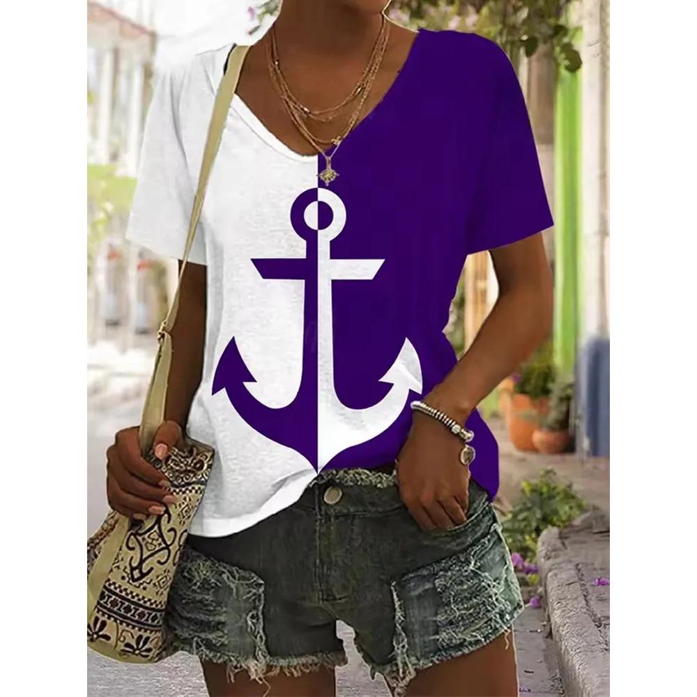 Stripe Printed T-shirt Fashionable Loose Short Sleeved Round Neck Versatile Comfortable Women's V-neck T-shirt
