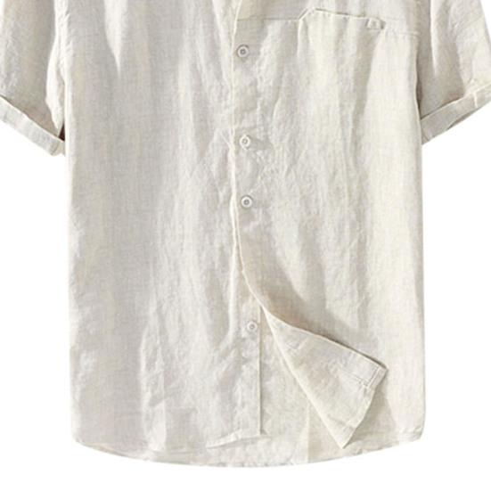 Men Shirt Solid Color Stand Collar Summer Loose Single-breasted Top for School