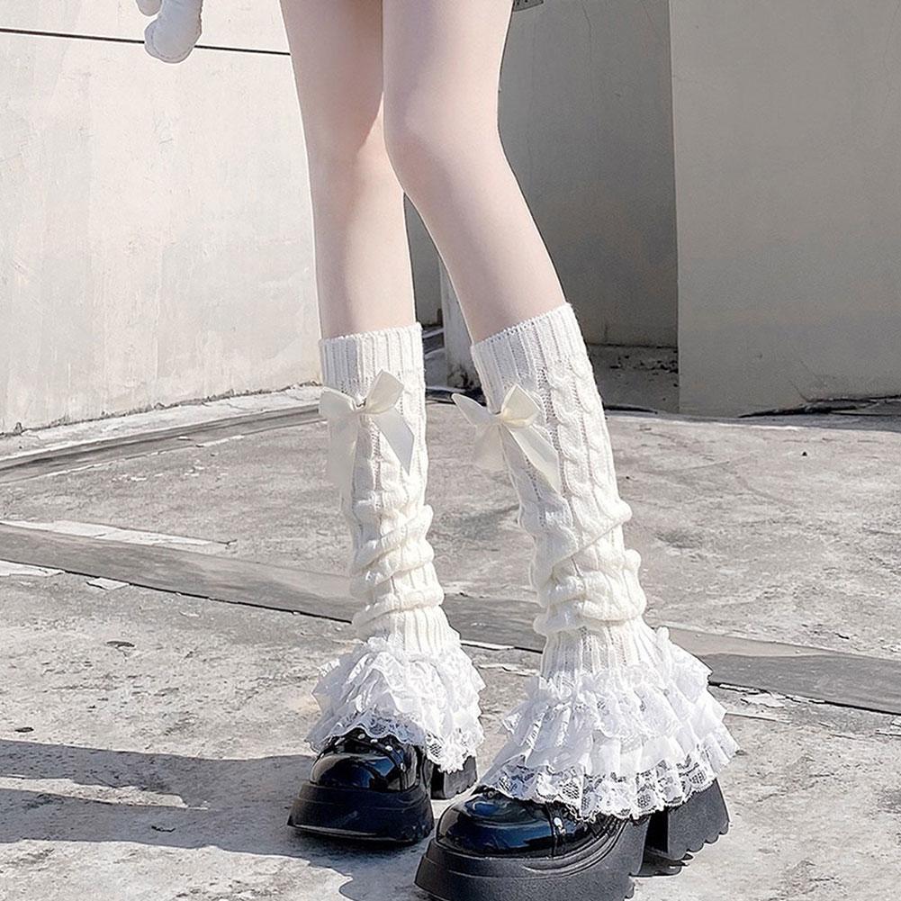 1pc Bow Lace Mid-tube Socks Lolita Winter Leg Cover Japanese Socks For Women's Warm Style Lace Q8Z6