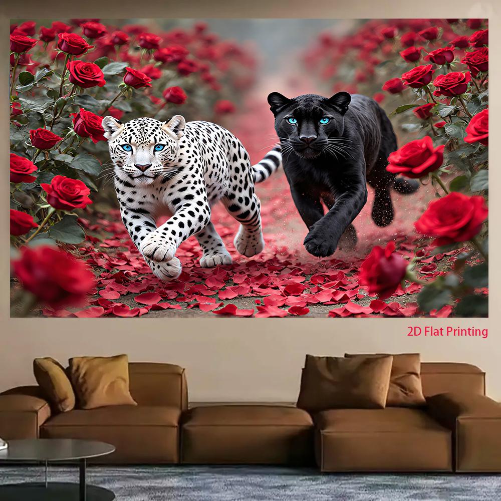 2D plane 1 snow leopard and black leopard running in the theme of rose ocean suitable for parties and room decoration