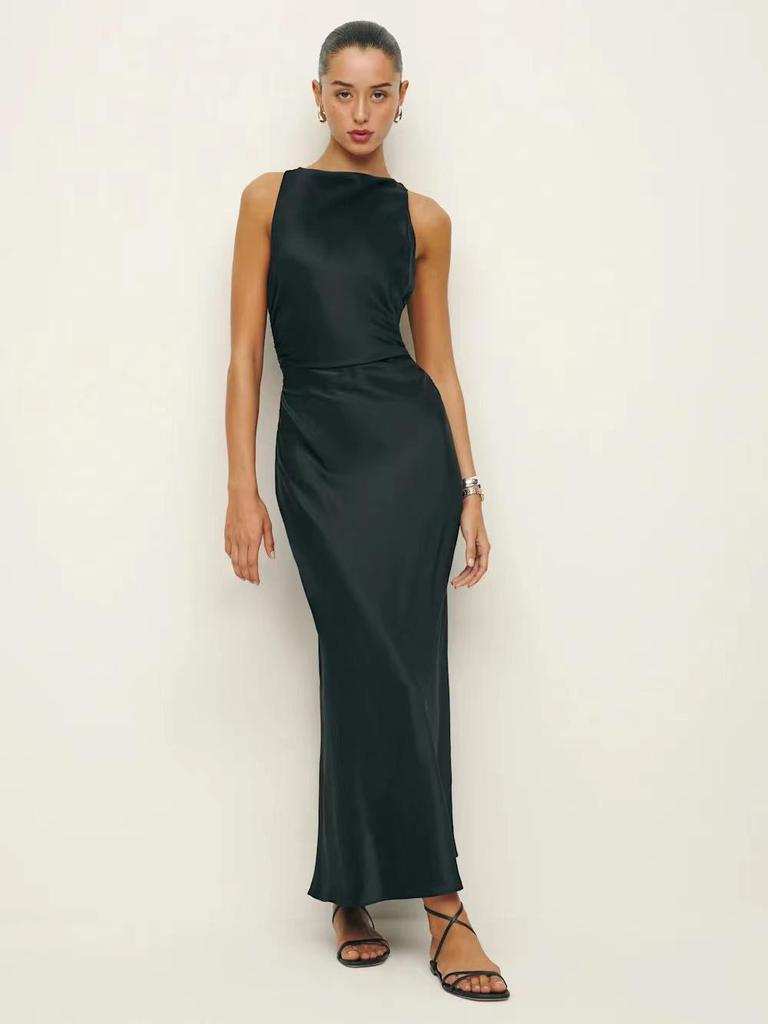 Spring Summer Sexy Halter Long Dress - European & American Style, Slim Fit, Solid Color, Sleeveless for Women