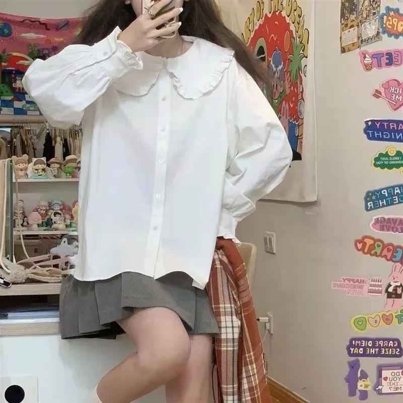 Japanese-style Student Doll Collar Lace Long-sleeve Shirt for Women, New Spring and Autumn Design Niche Shirt, Versatile Top