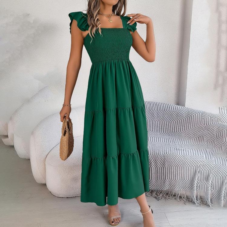 Autumn Winter Women Elegant High Waist Pleated Dress Short Sleeve Solid Color Lace Up Fashion