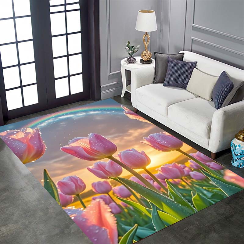 Vintage Floral Tulip Patterned Floor Mat, Non-slip, Machine Washable, Suitable for Living Rooms, Bedrooms, and Home Décor.
