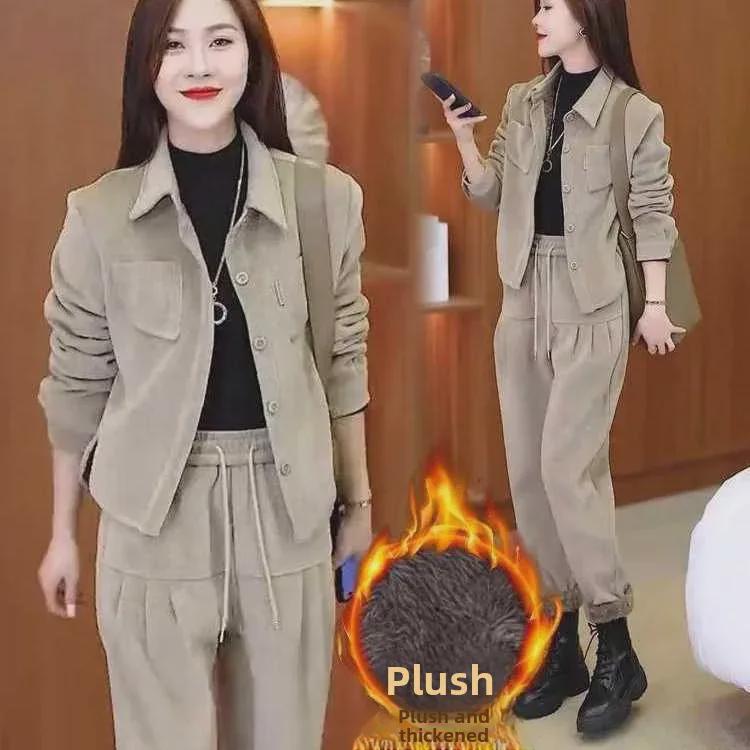 2024 Women's Korean Style Corduroy Two-Piece Suit: Autumn/Winter Fashion with Plush Velvet for Age-Reducing Elegance