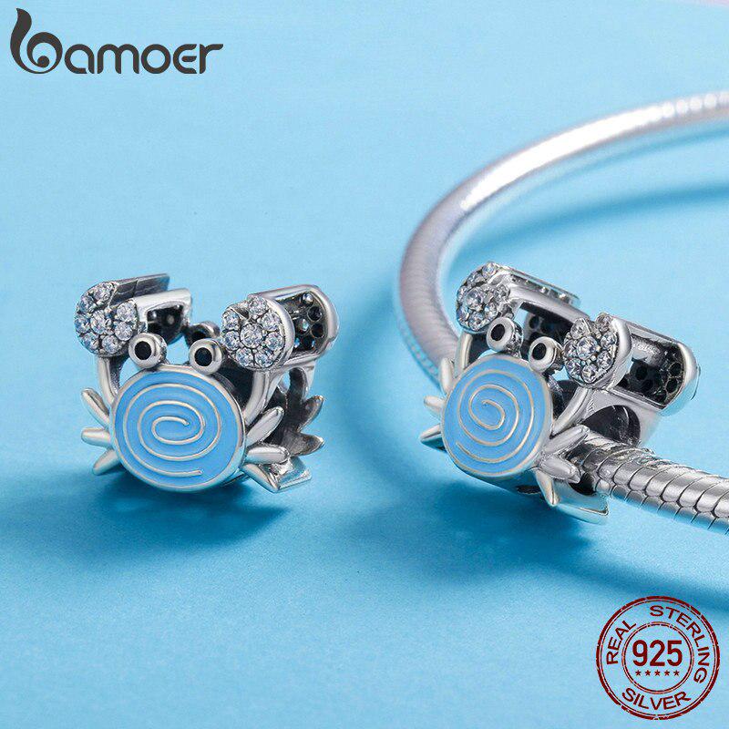 BAMOER Real 925 Sterling Silver Funny Crab Clear CZ Blue Enamel Charm Beads fit Women Bracelets