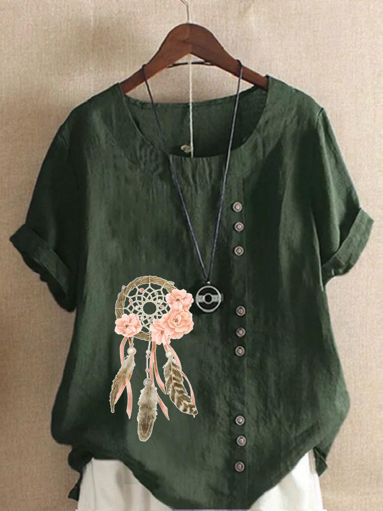 Women's Fashion Feather Flower Print Casual Cotton Linen Short Sleeve Round Neck T-shirt Shirt Leisure Loose Summer Blouse Tops