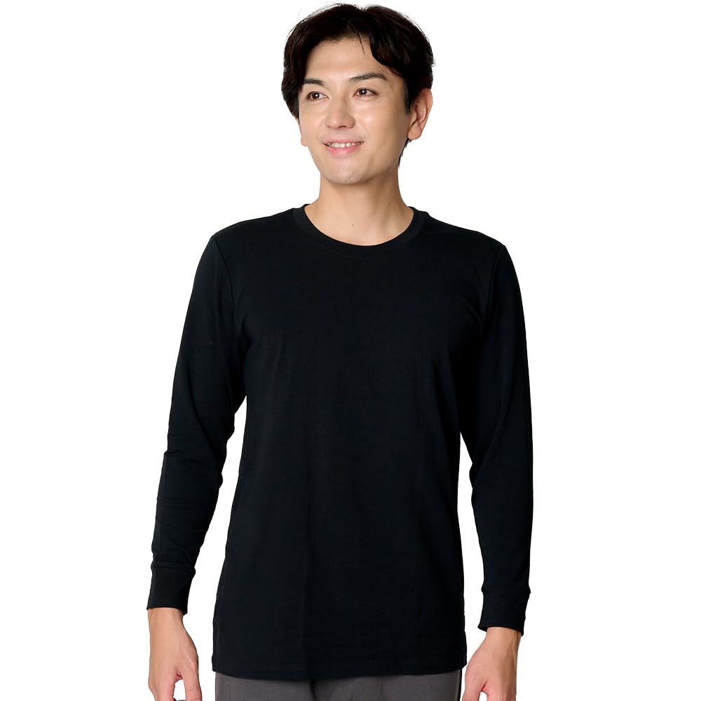 Beisia Long Sleeve Crew Neck Size L Men's Undershirt, Heat-Generating Cotton, Moisture-Wicking, Stretch, U-Neck, Black,
