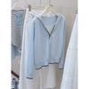 Contrasting Edge Hooded Fake Two and a Half Zipper Knitted Sweater Women's Clothing Autumn 1011 New Thin Blue Sweater Top