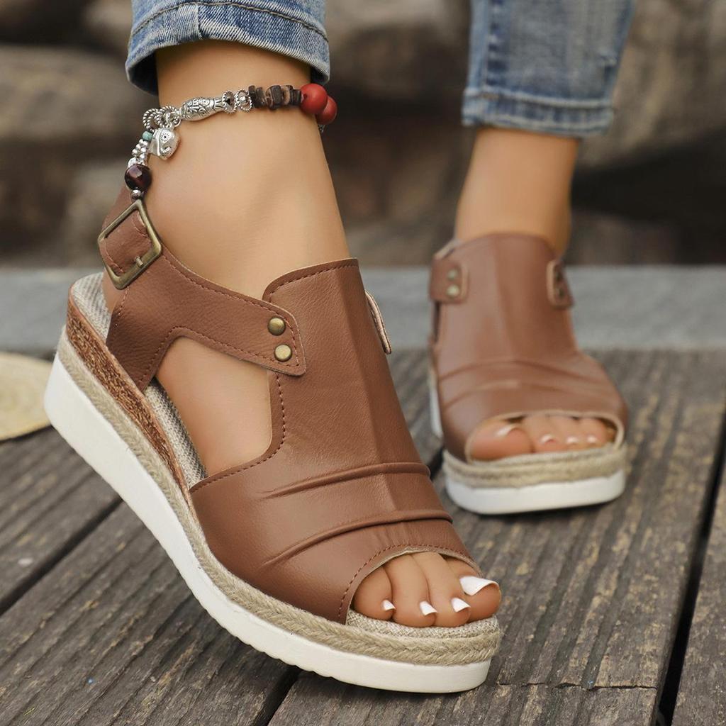 Plus Size Wedge Heel Peep Toe Sandals - Women's Summer Buckle Beach Slippers