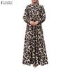 ZANZEA Damen Lässig Rundhals Locker Langarm Print Langes Kleid