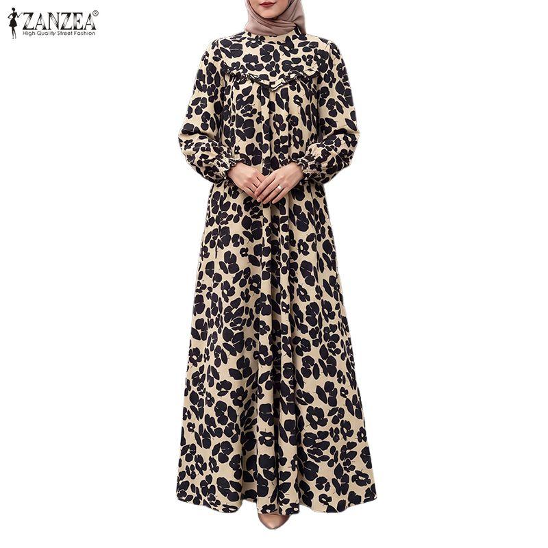 ZANZEA Damen Lässig Rundhals Locker Langarm Print Langes Kleid