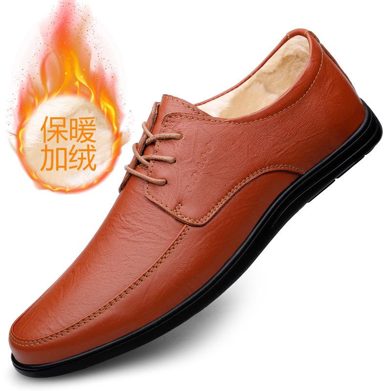 

New casual leather shoes men s real cowhide men s shoes winter velvet warm business leather shoes round head lace-up 44
