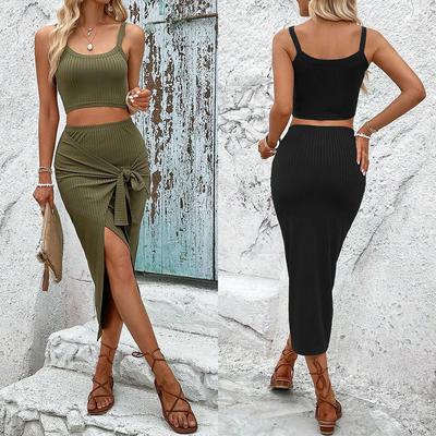 New Summer Women's Fashion Casual Office Wear Set with Halter Tank Top and Split Skirt Two-piece